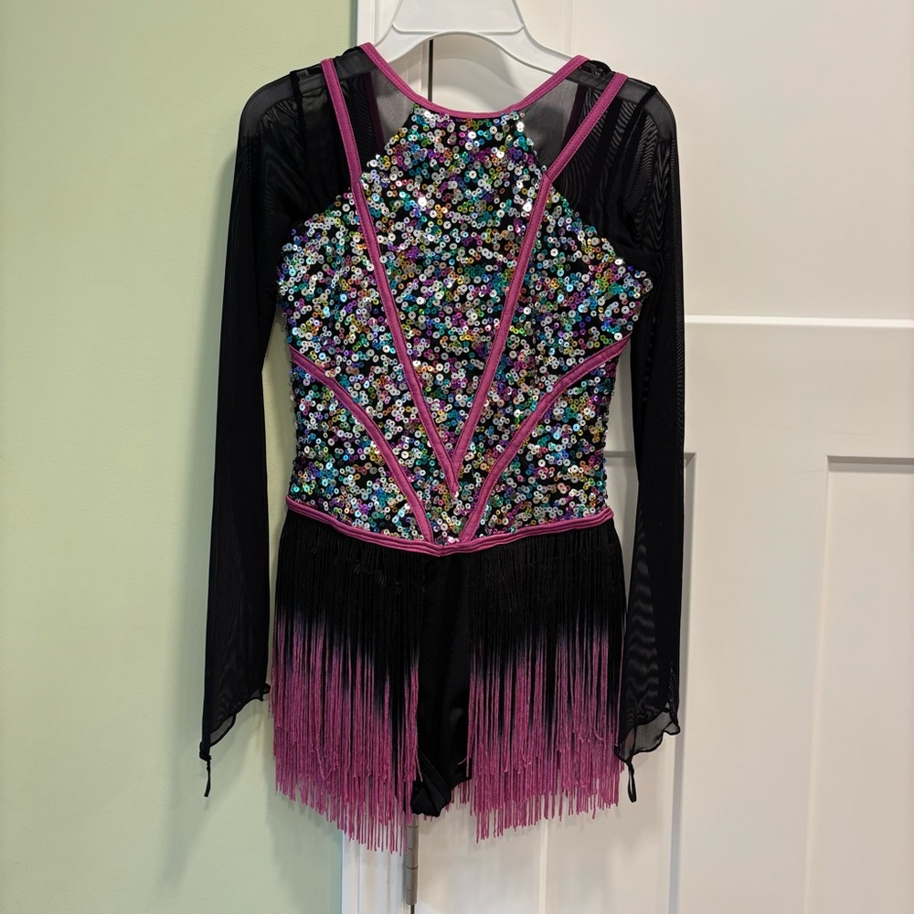 Layla’s Stop Drop and Roll Multi, Pink and Black Dance Costume with Fringe XSA